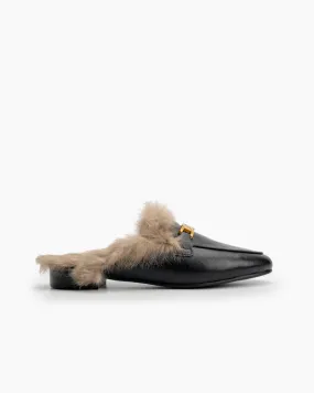 Metal Decor Flat Fur Warm Slippers Mules