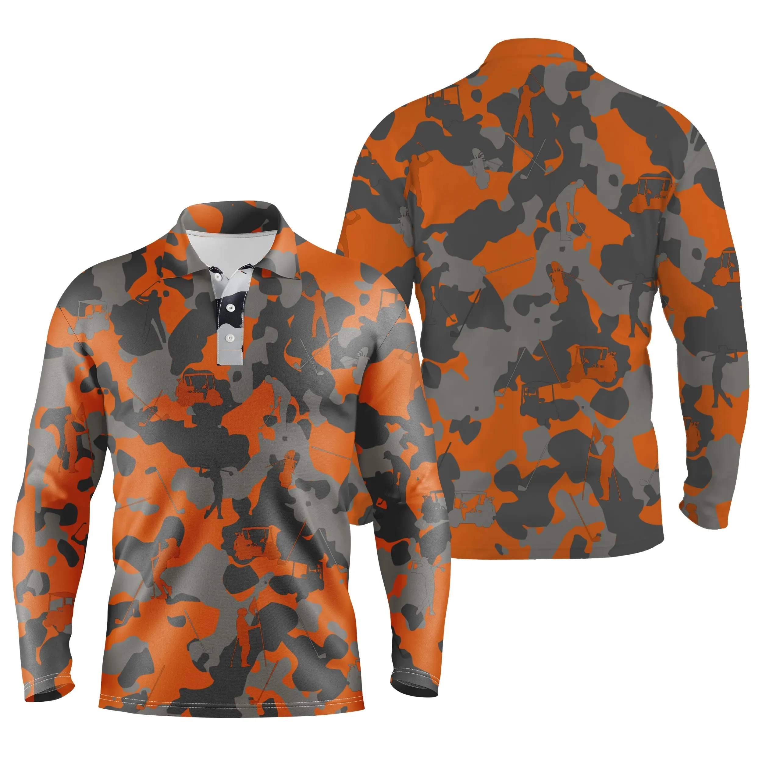 Orange Noir et Gris Camouflage, Polo de Golf, Polo de Sport Homme Femme, Cadeau Original pour Fans de Golf, Motif Militaire, Golfer, Club de Golf, Voiture de Golf - CTS19052221