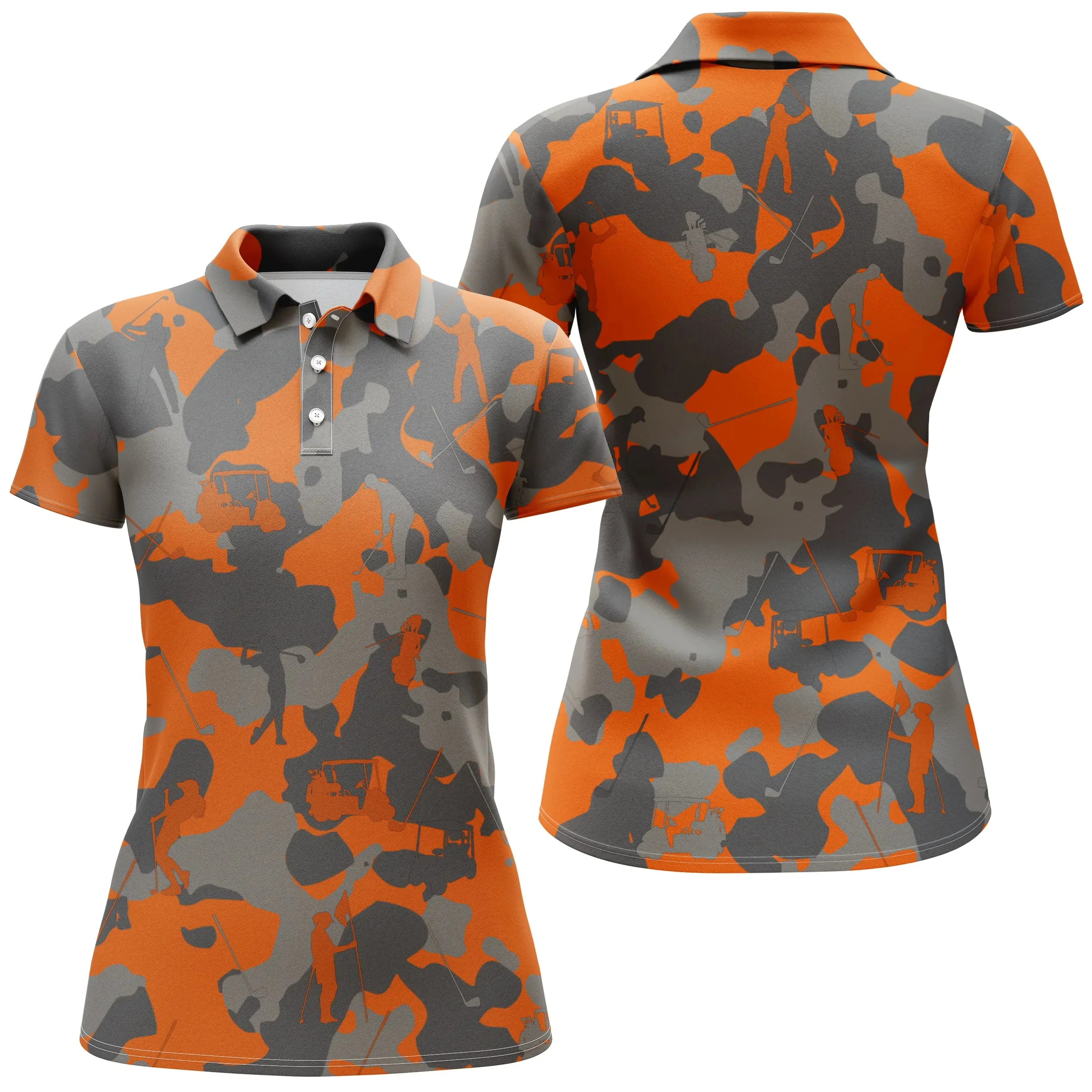 Orange Noir et Gris Camouflage, Polo de Golf, Polo de Sport Homme Femme, Cadeau Original pour Fans de Golf, Motif Militaire, Golfer, Club de Golf, Voiture de Golf - CTS19052221