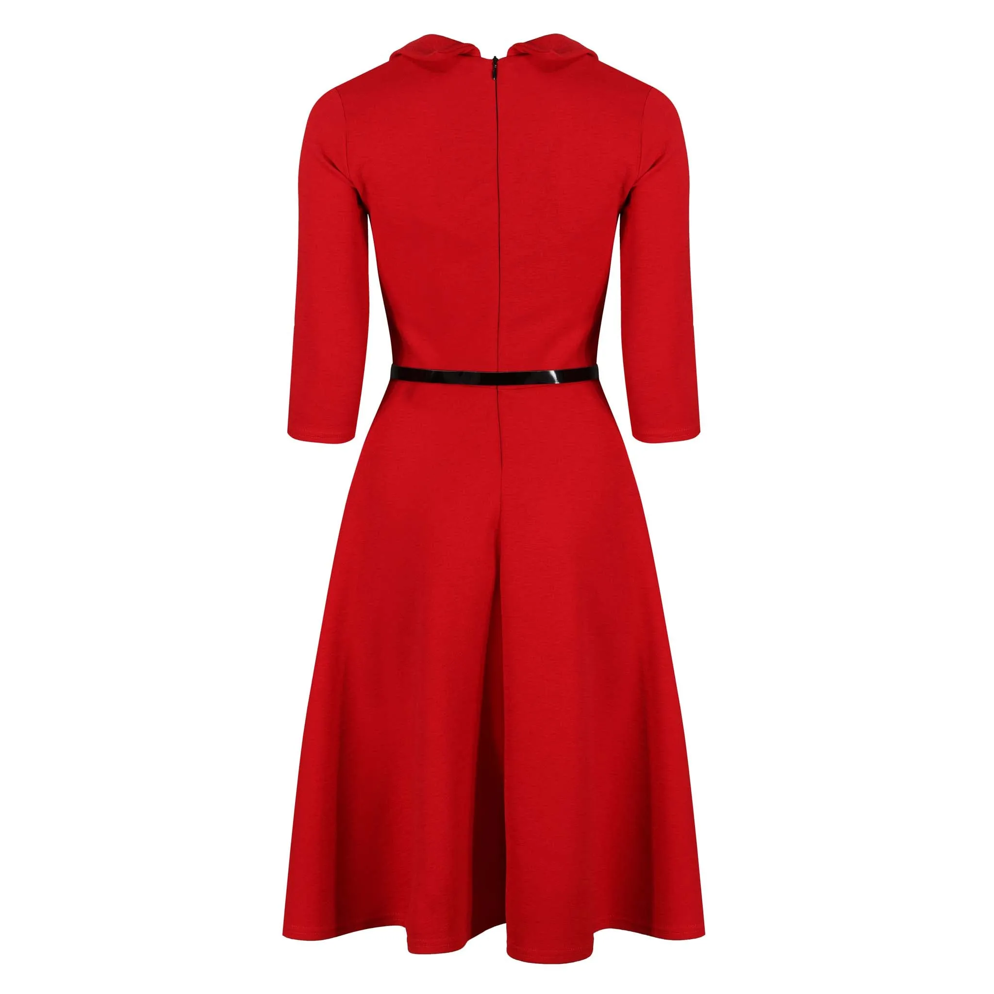 Red 3/4 Sleeve Collar Wrap Effect Swing Dress