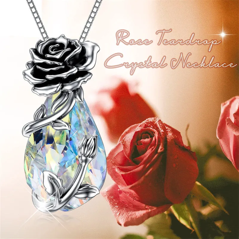 Valentine's Day Gift Rose Necklace Sterling Silver with Crystal  Rose Pendant Jewelry Anniversary Jewelry Gifts for Women