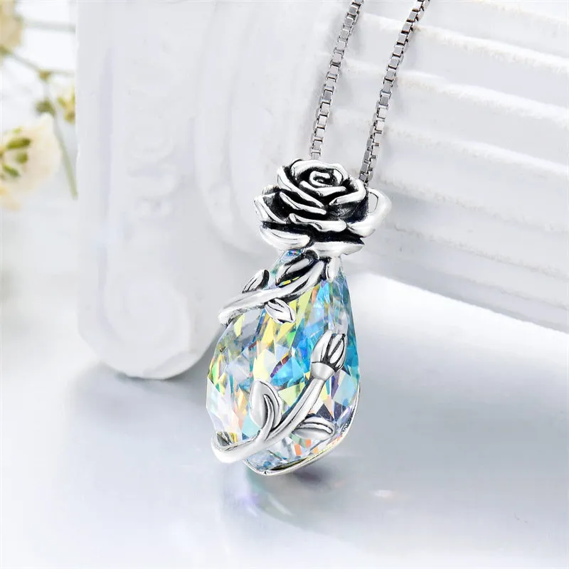 Valentine's Day Gift Rose Necklace Sterling Silver with Crystal  Rose Pendant Jewelry Anniversary Jewelry Gifts for Women