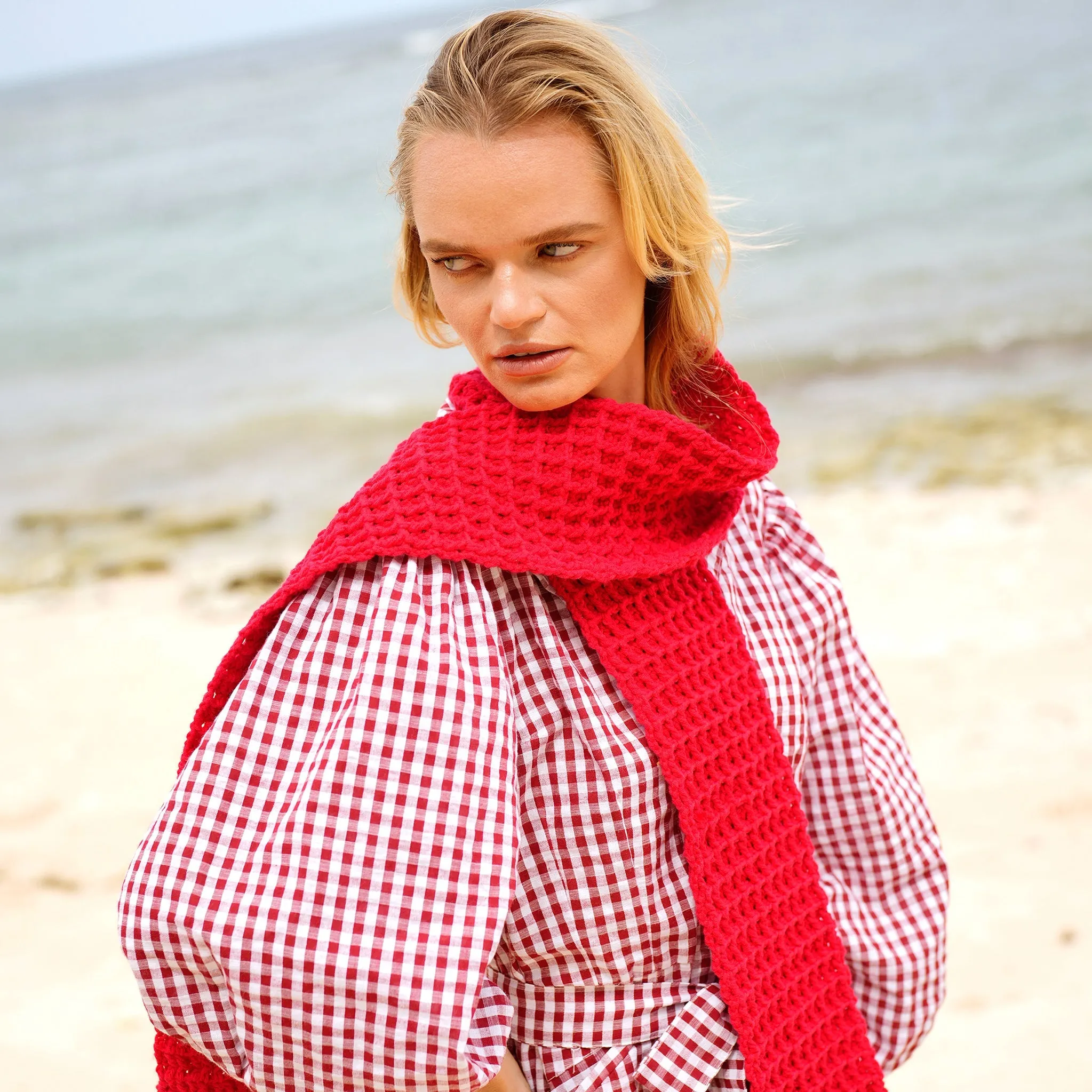 Waffle Crochet Scarf in Red