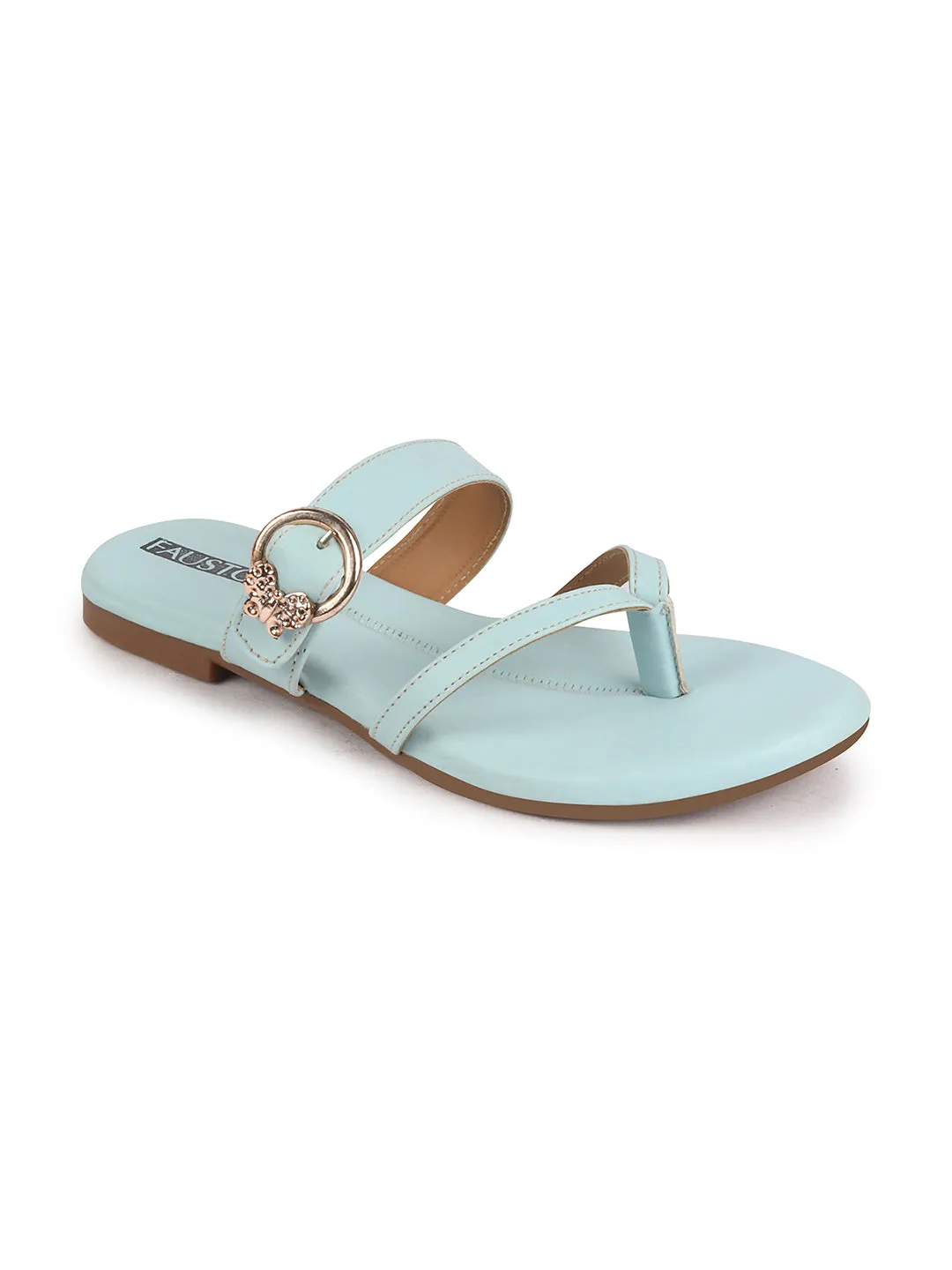 Women Sky Blue Party Chrome Design Buckle Strap Thong Slip On Flats Slipper