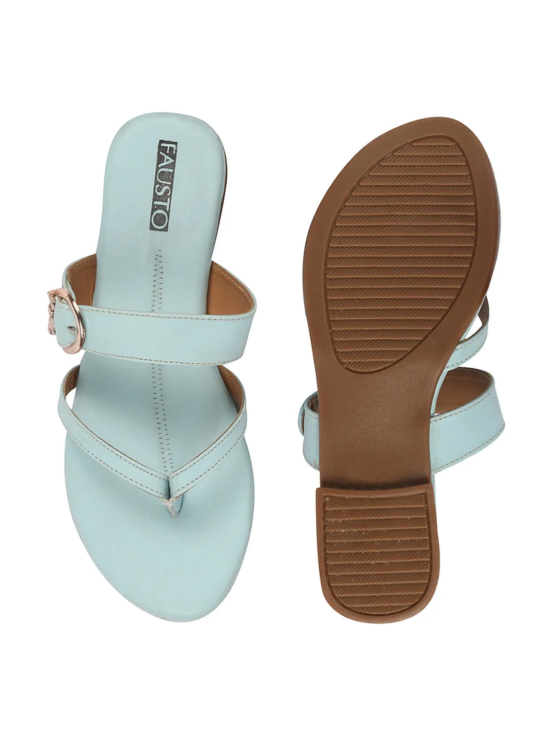 Women Sky Blue Party Chrome Design Buckle Strap Thong Slip On Flats Slipper