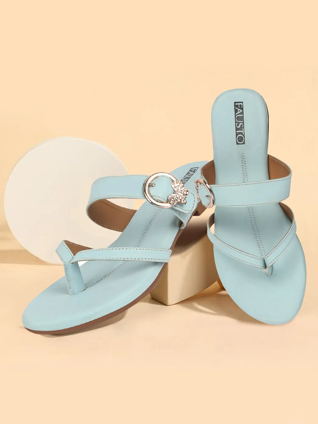 Women Sky Blue Party Chrome Design Buckle Strap Thong Slip On Flats Slipper