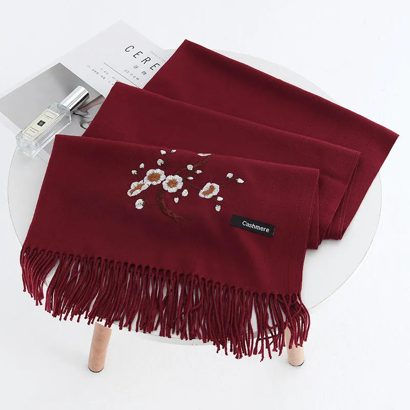 Women Winter Cashmere-Like Plum Embroidery Tassel Ethnic Elegant Scarf Shawl