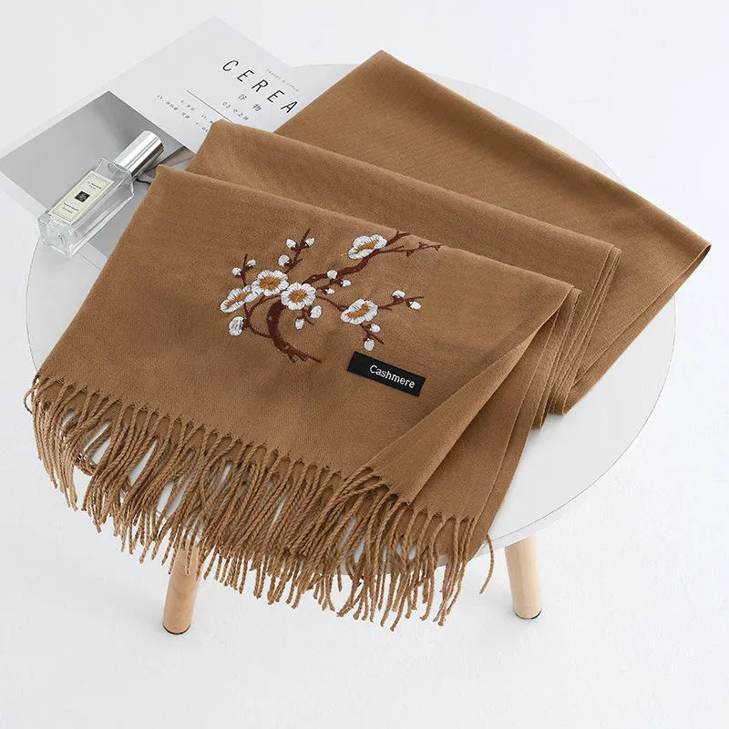 Women Winter Cashmere-Like Plum Embroidery Tassel Ethnic Elegant Scarf Shawl