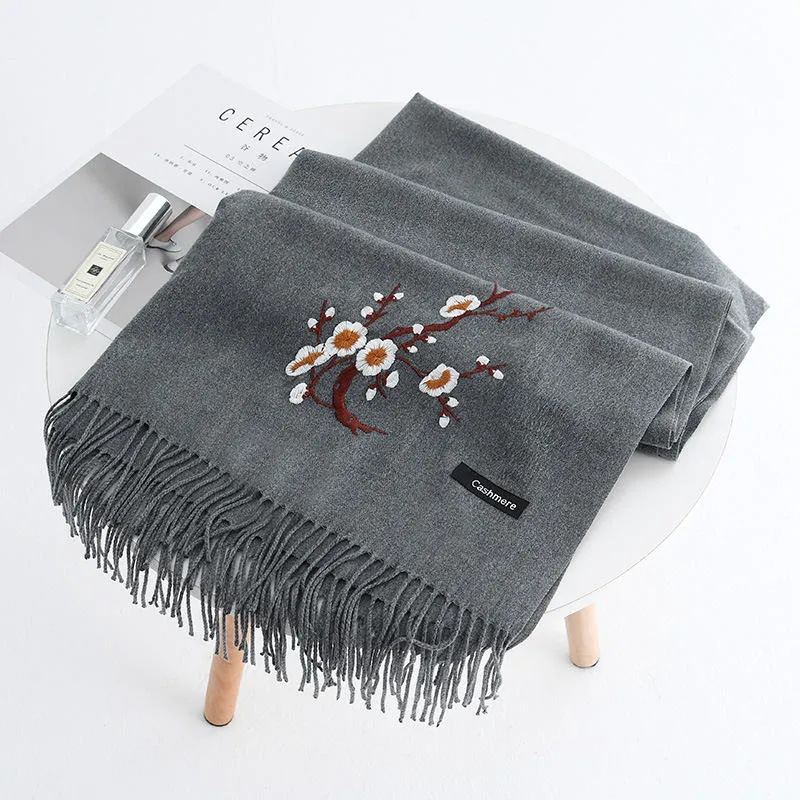 Women Winter Cashmere-Like Plum Embroidery Tassel Ethnic Elegant Scarf Shawl